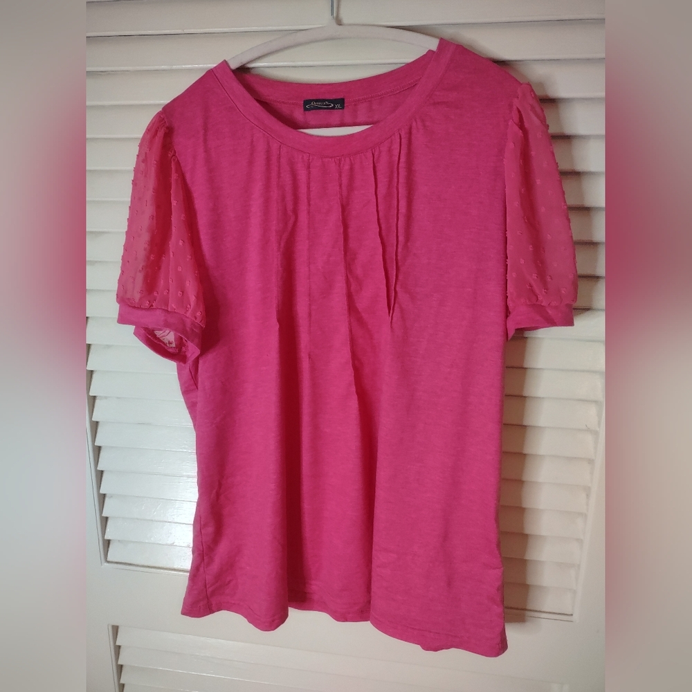 Bright Pink Women's Blouse With Sheer Dot Sleeve